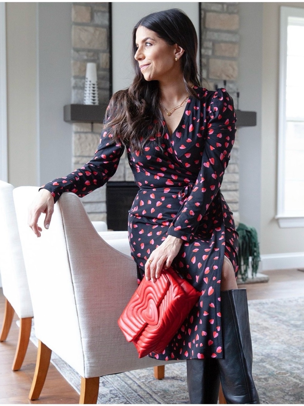 Ann Taylor Heart Print Wrap Dress Long Sleeves Shirred Shoulders Stretch